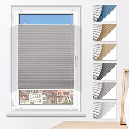 Plissee Verdunkelung ohne Bohren Verdunklungsplissee Klemmfix Hellgrau 105x120cm(BxH) Faltrollo 100% Blickdicht Sonnenschutz & Schallschutz Plisseerollo für Fenster & Tür