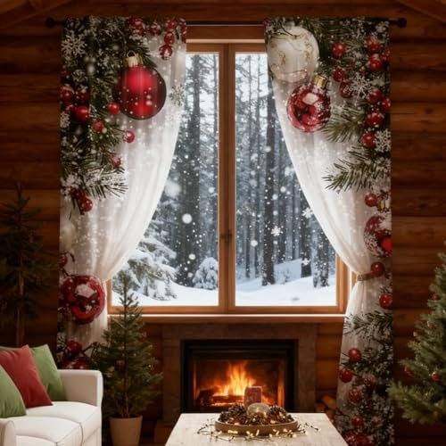 axodsnl Weihnachtskugel-Vorhänge mit 2-teiligem 2D-Schneeflocken-Print for Schlafzimmer, Wohnzimmer und Weihnachtsfeiern(70X100CM)